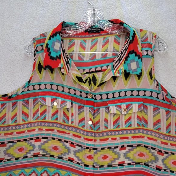 BCBGMaxazria Chiffon Collar Tribal Colorful Sheer Hi Low Western Boho Tunic Top - Picture 2 of 11